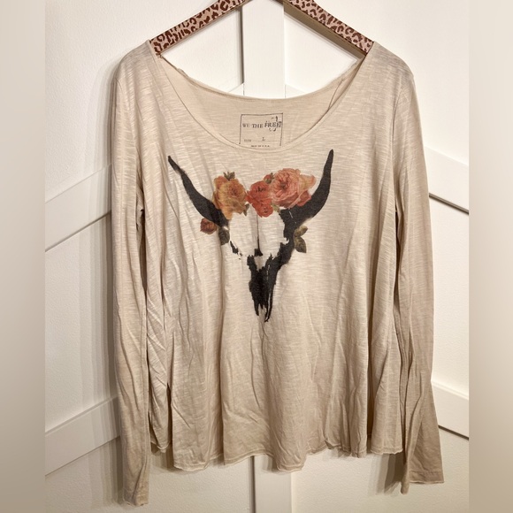 We The Free Tops - We The Free Beige Long Sleeve with Floral Skull Design